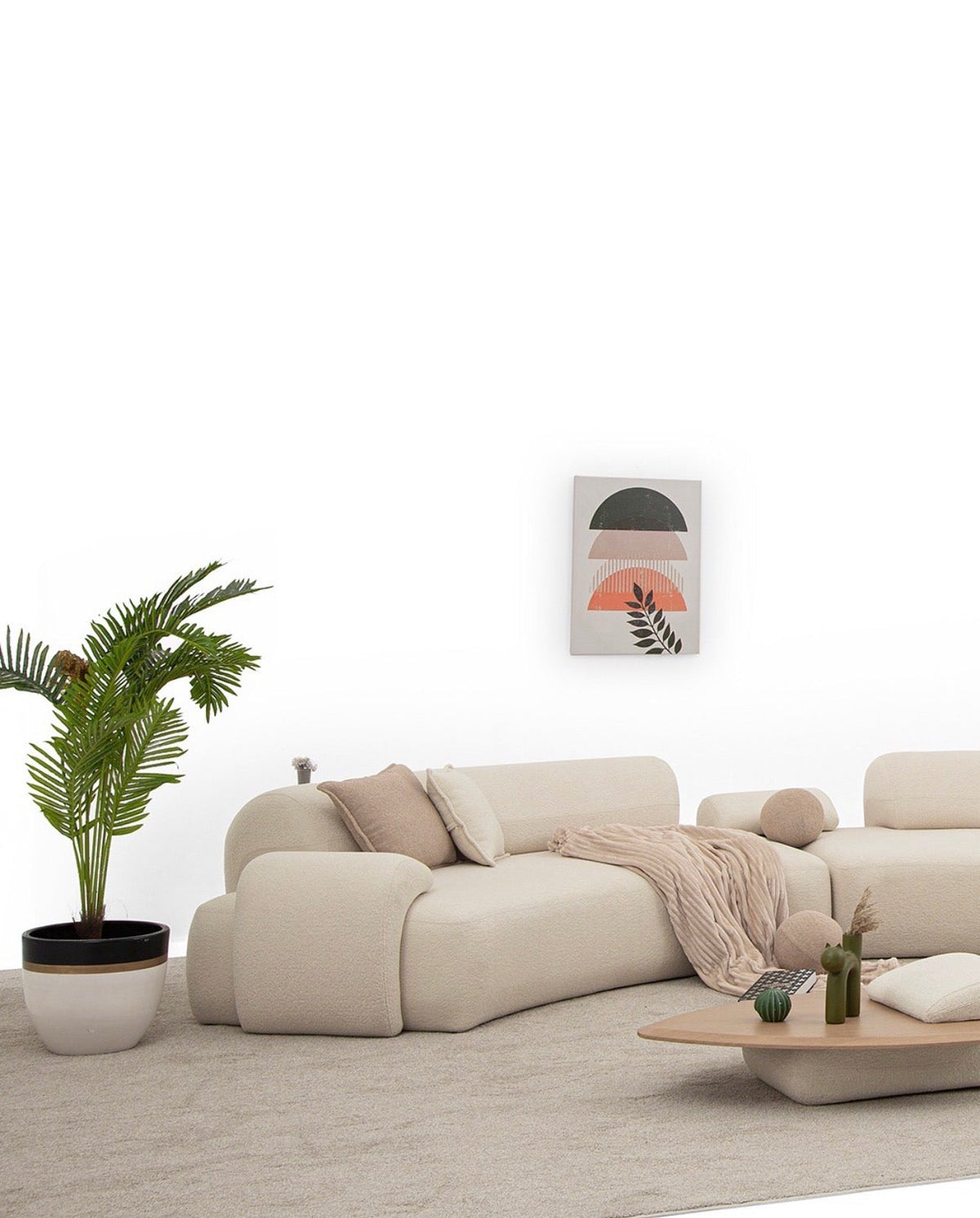 Aureum luxury furniture collection featuring modern neutral living room seating, sculptural dining set, and illuminated contemporary bedroom design.