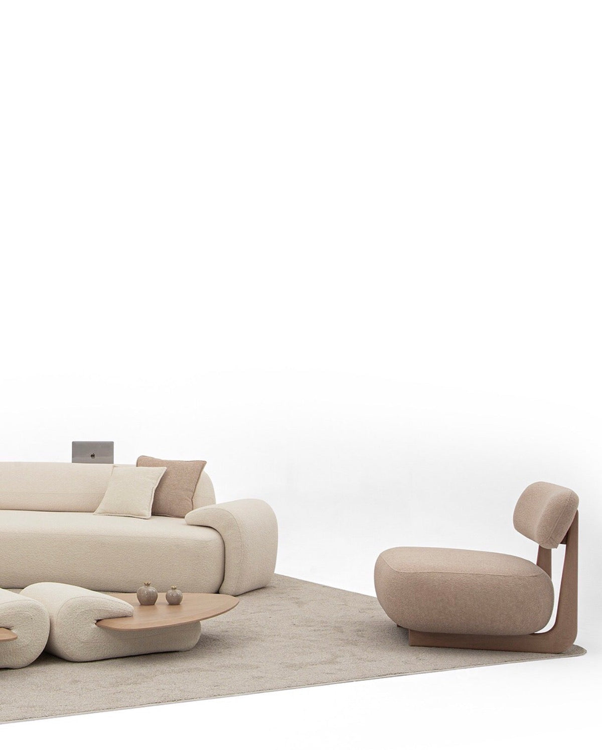 Aureum luxury furniture collection featuring modern neutral living room seating, sculptural dining set, and illuminated contemporary bedroom design.