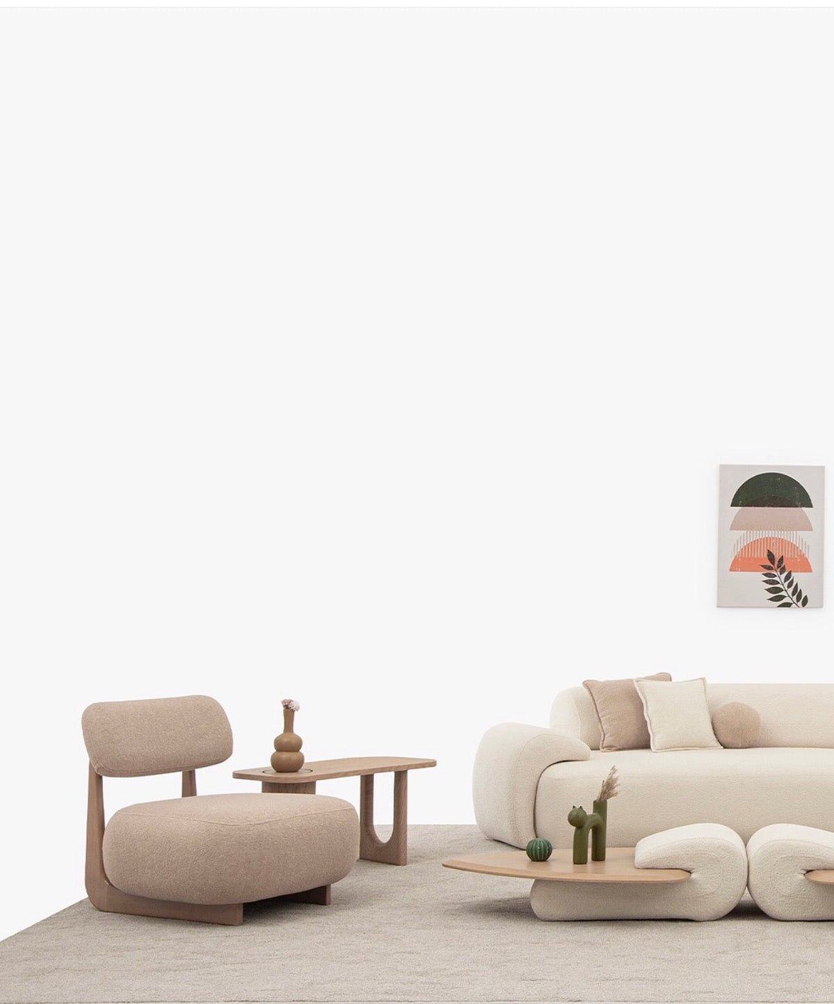 Aureum luxury furniture collection featuring modern neutral living room seating, sculptural dining set, and illuminated contemporary bedroom design.