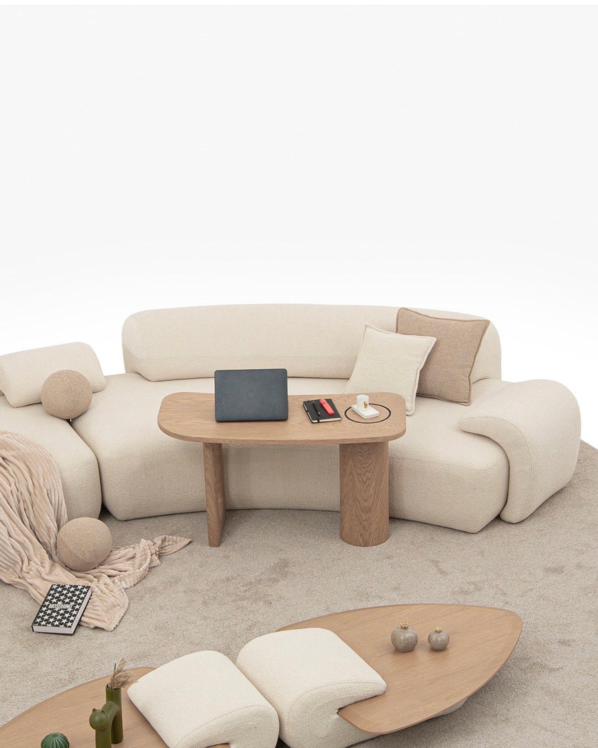 Aureum luxury furniture collection featuring modern neutral living room seating, sculptural dining set, and illuminated contemporary bedroom design.
