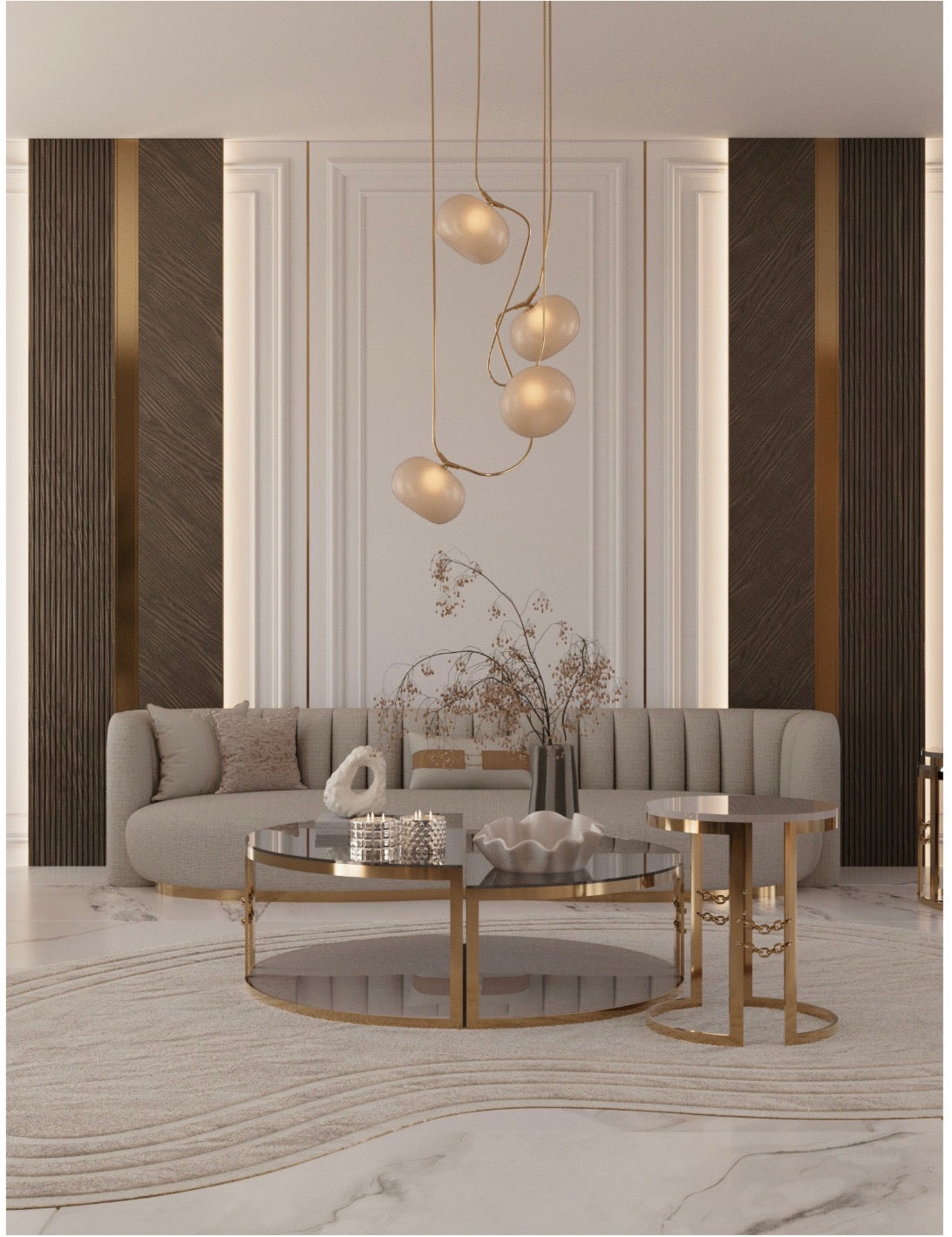 Modern luxury living room and dining set with curved sofas, sculptural chairs, and gold accent tables in neutral interior.