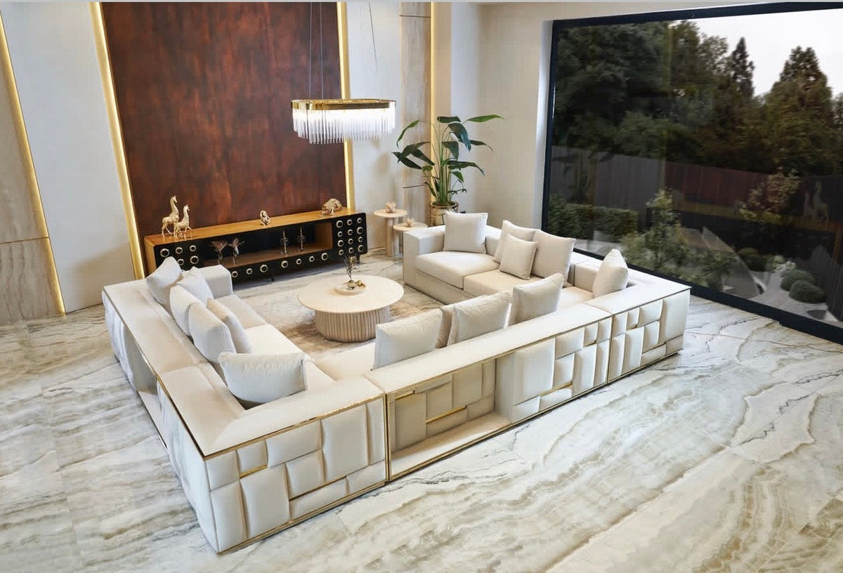 Rhythm luxury furniture collection featuring modular sofa, black dining table, gold detailed sideboard, and geometric modern design.