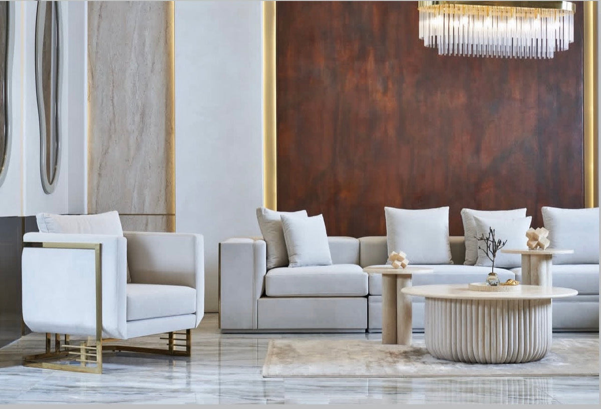 Rhythm luxury furniture collection featuring modular sofa, black dining table, gold detailed sideboard, and geometric modern design.