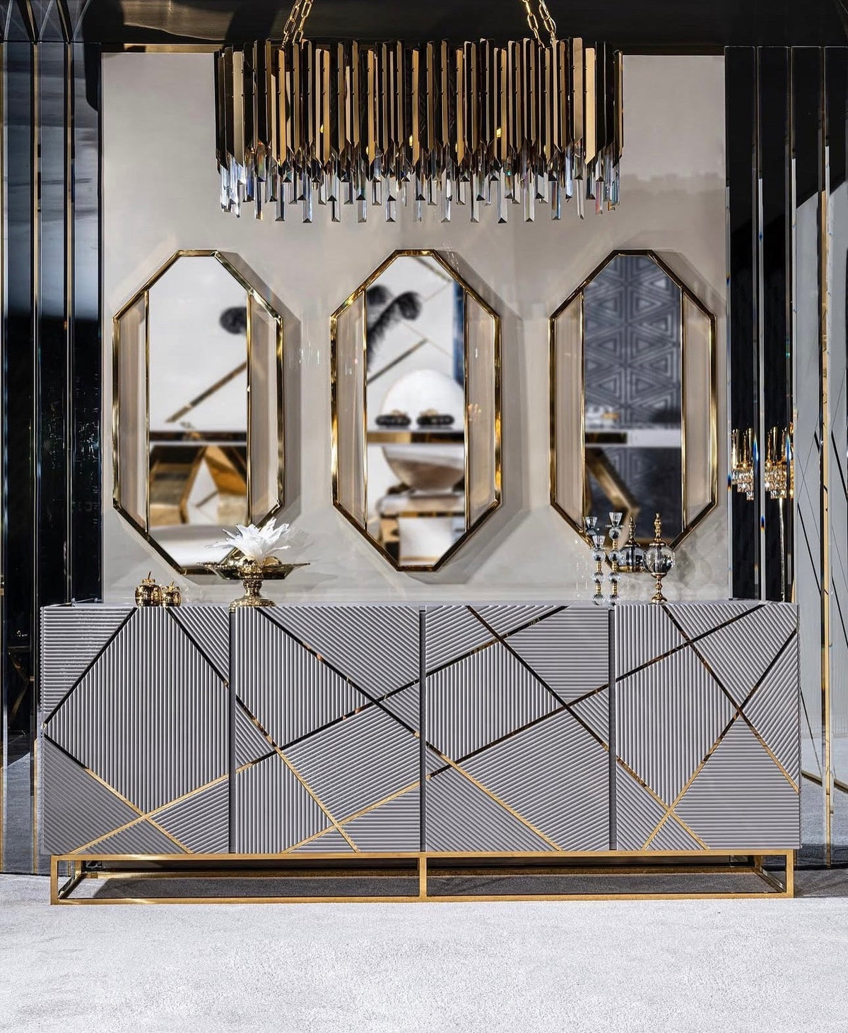 Rhythm luxury furniture collection featuring modular sofa, black dining table, gold detailed sideboard, and geometric modern design.