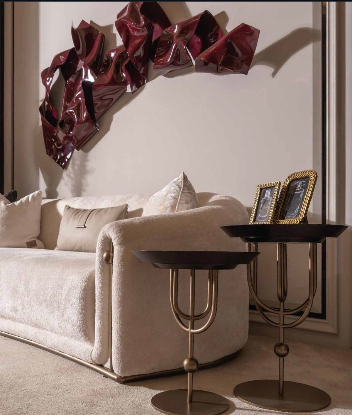 Apex luxury furniture collection with dark wood finishes, neutral seating, modern dining table, and high-end bedroom design.