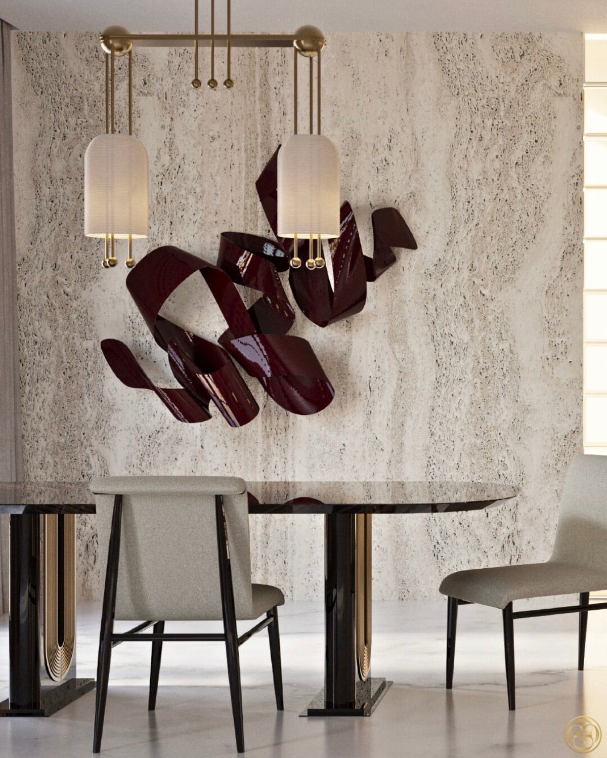 Apex luxury furniture collection with dark wood finishes, neutral seating, modern dining table, and high-end bedroom design.