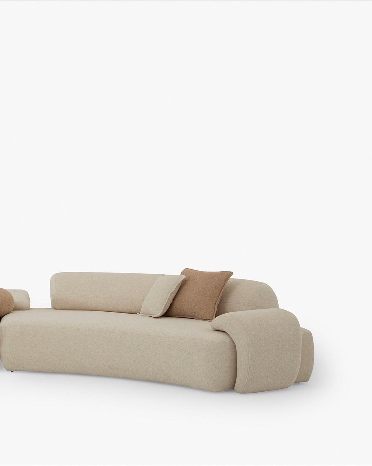 Aureum luxury furniture collection featuring modern neutral living room seating, sculptural dining set, and illuminated contemporary bedroom design.