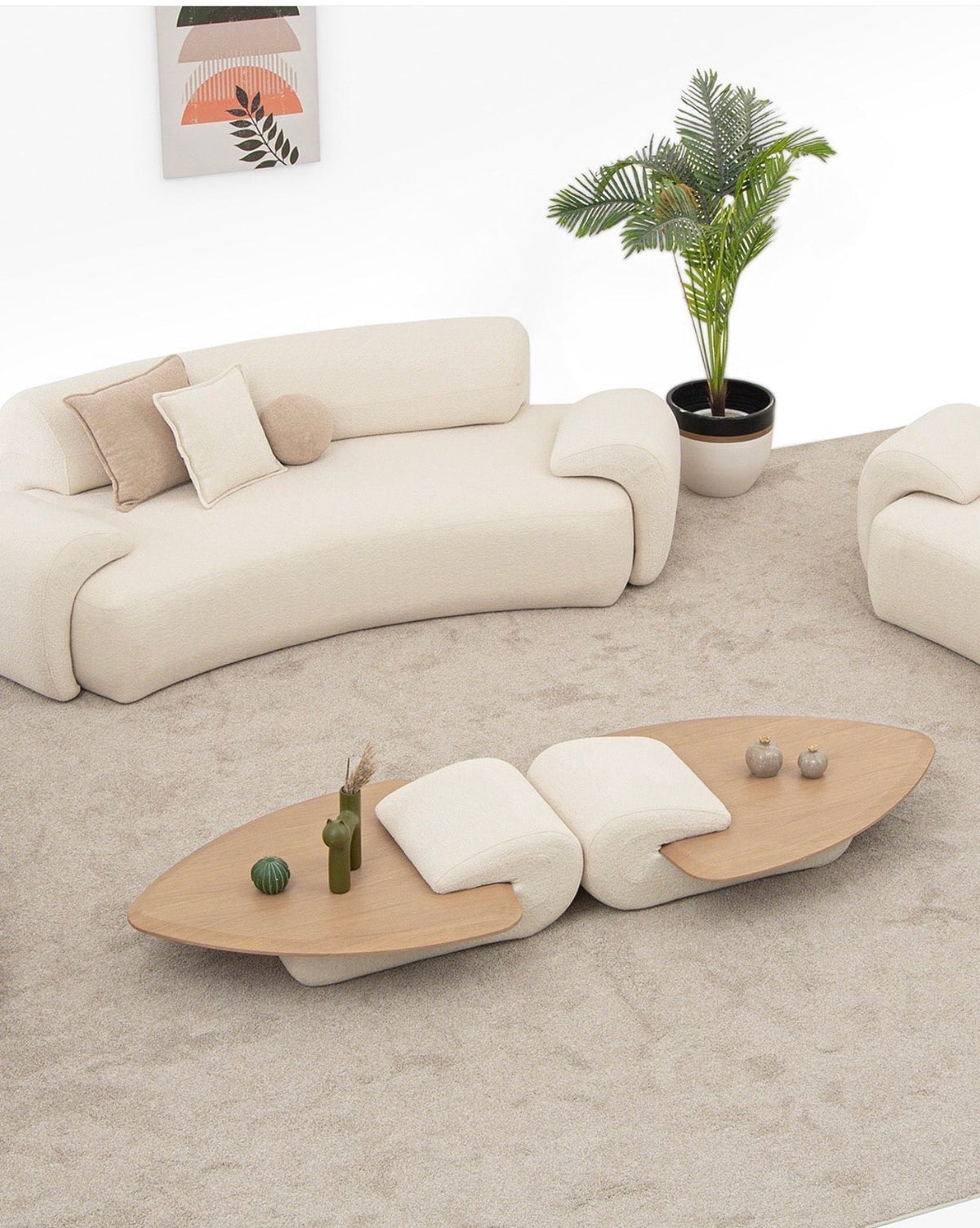 Aureum luxury furniture collection featuring modern neutral living room seating, sculptural dining set, and illuminated contemporary bedroom design.
