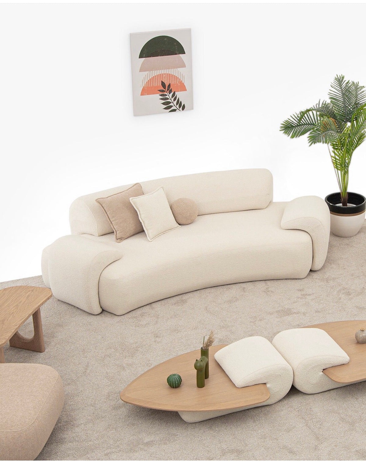 Aureum luxury furniture collection featuring modern neutral living room seating, sculptural dining set, and illuminated contemporary bedroom design.