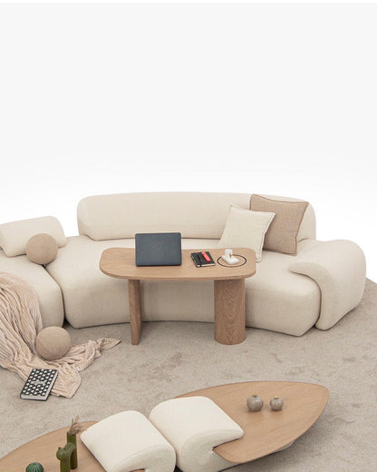 Aureum luxury furniture collection featuring modern neutral living room seating, sculptural dining set, and illuminated contemporary bedroom design.