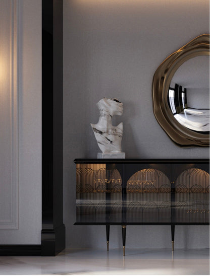 Velvetroom luxury furniture collection featuring elegant sofa seating, modern dining table, illuminated cabinetry, and sculptural pendant lighting.