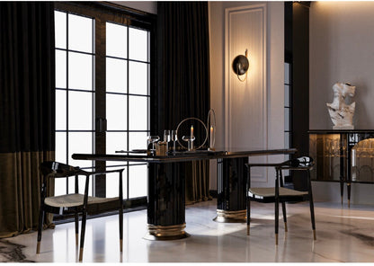 Velvetroom luxury furniture collection featuring elegant sofa seating, modern dining table, illuminated cabinetry, and sculptural pendant lighting.