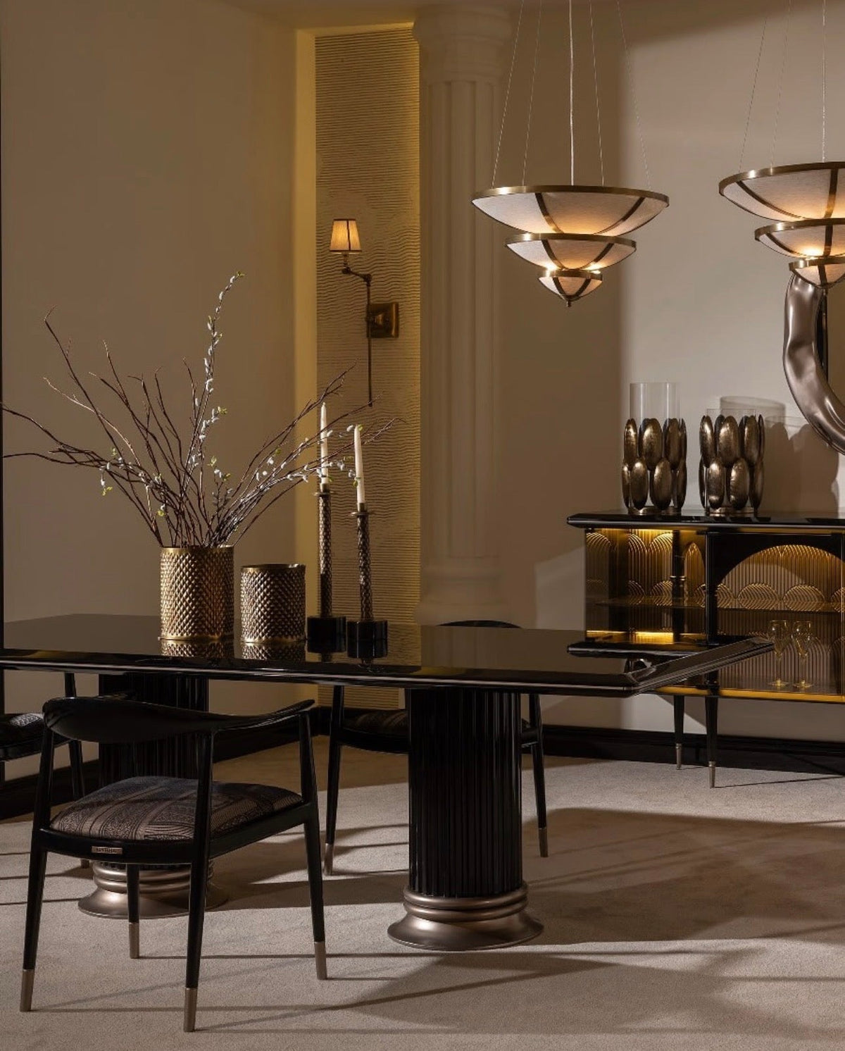 Velvetroom luxury furniture collection featuring elegant sofa seating, modern dining table, illuminated cabinetry, and sculptural pendant lighting.