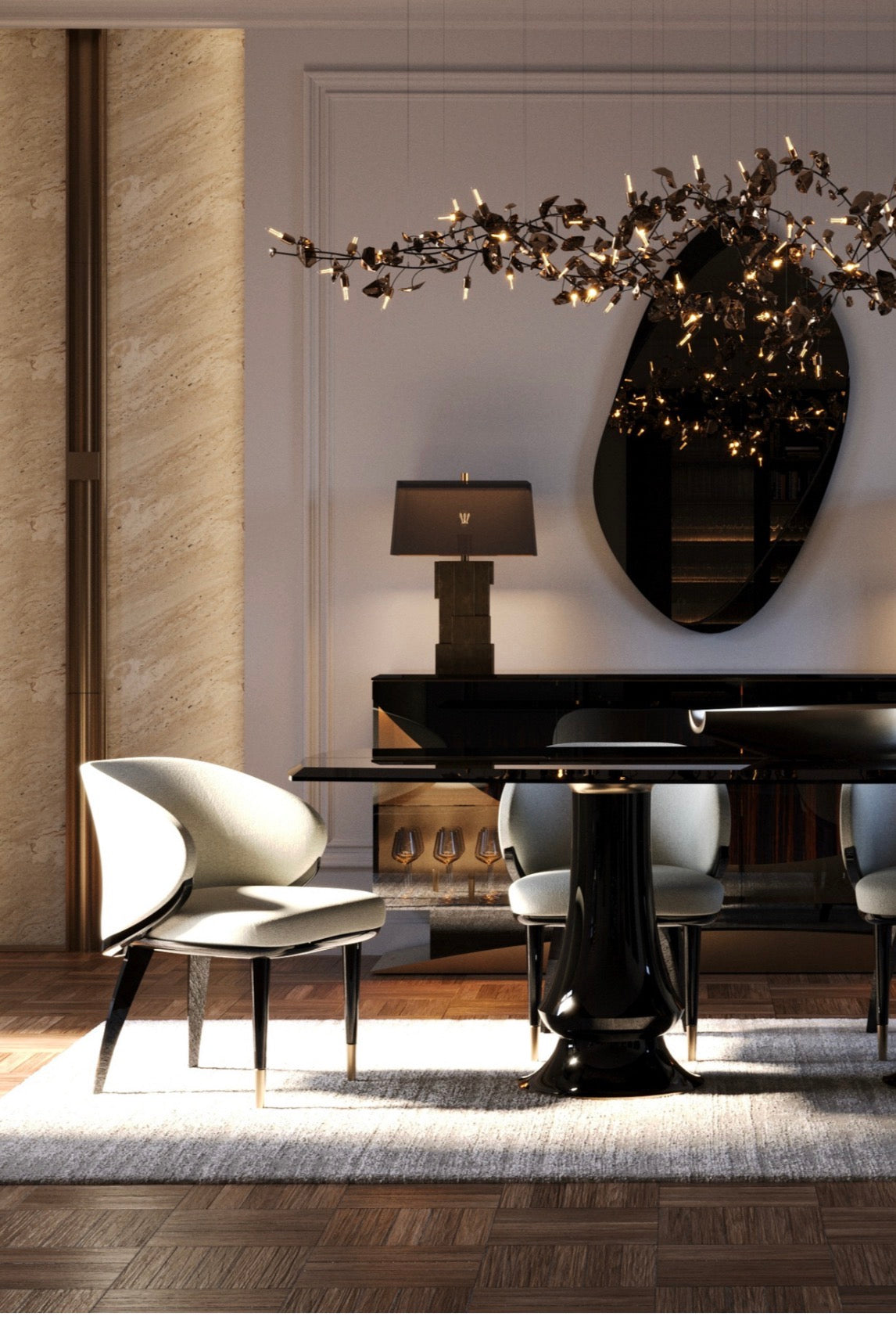 Apex luxury furniture collection with dark wood finishes, neutral seating, modern dining table, and high-end bedroom design.