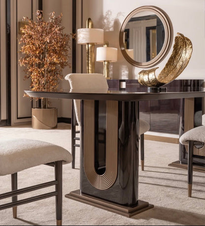 Apex luxury furniture collection with dark wood finishes, neutral seating, modern dining table, and high-end bedroom design.