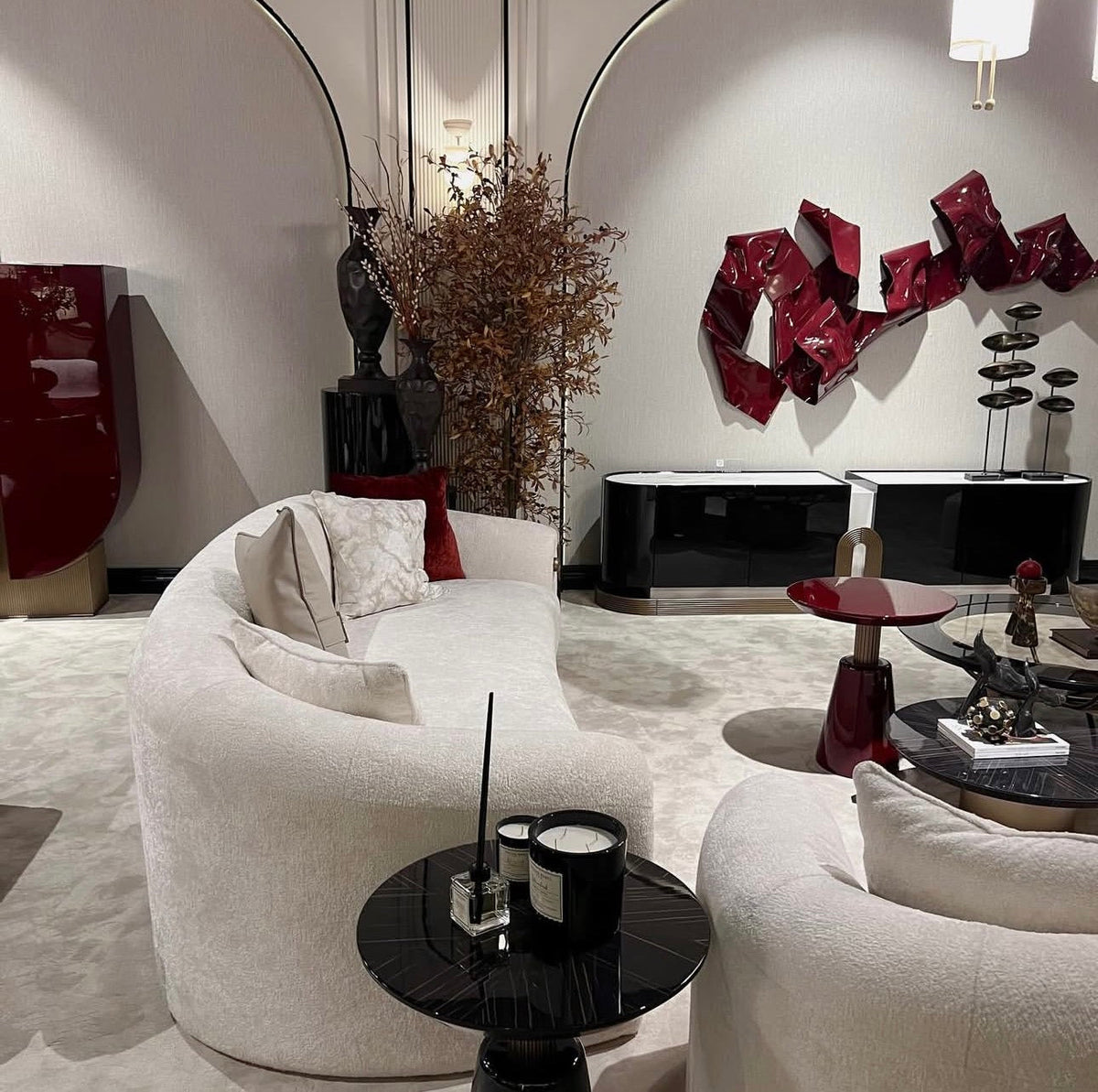 Apex luxury furniture collection with dark wood finishes, neutral seating, modern dining table, and high-end bedroom design.