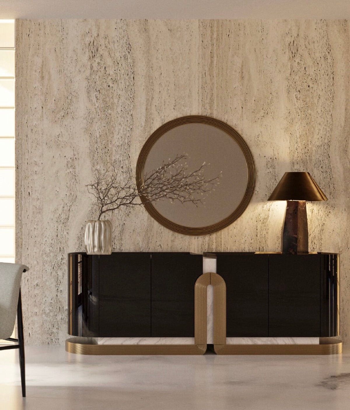 Apex luxury furniture collection with dark wood finishes, neutral seating, modern dining table, and high-end bedroom design.