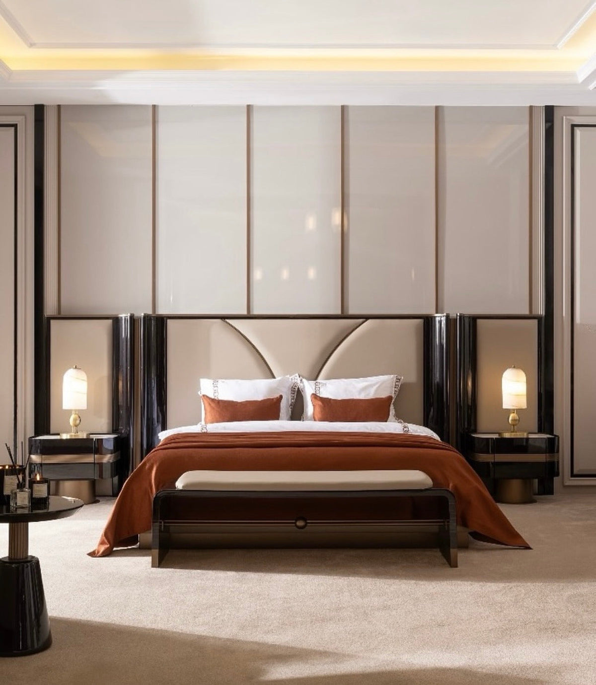 Apex luxury furniture collection with dark wood finishes, neutral seating, modern dining table, and high-end bedroom design.