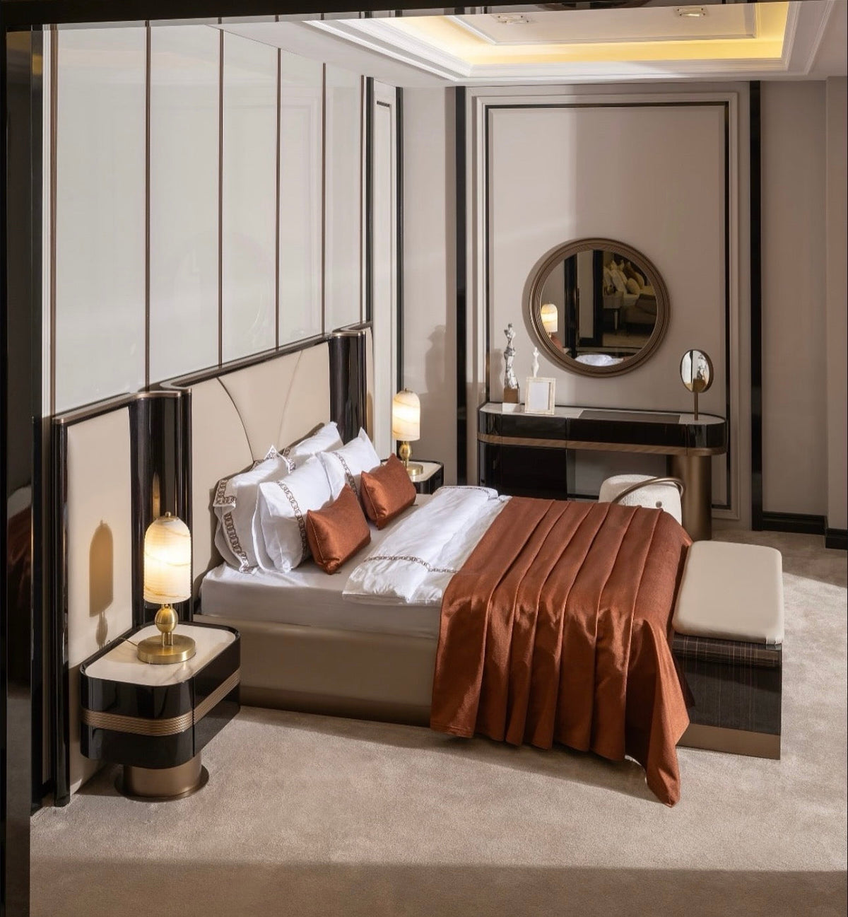 Apex luxury furniture collection with dark wood finishes, neutral seating, modern dining table, and high-end bedroom design.