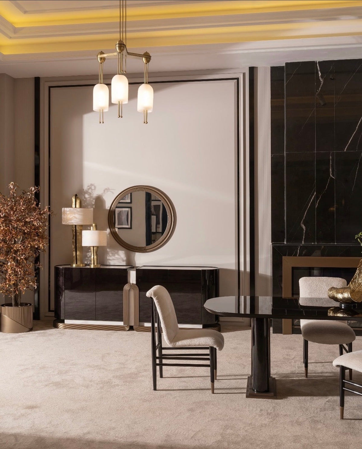 Apex luxury furniture collection with dark wood finishes, neutral seating, modern dining table, and high-end bedroom design.