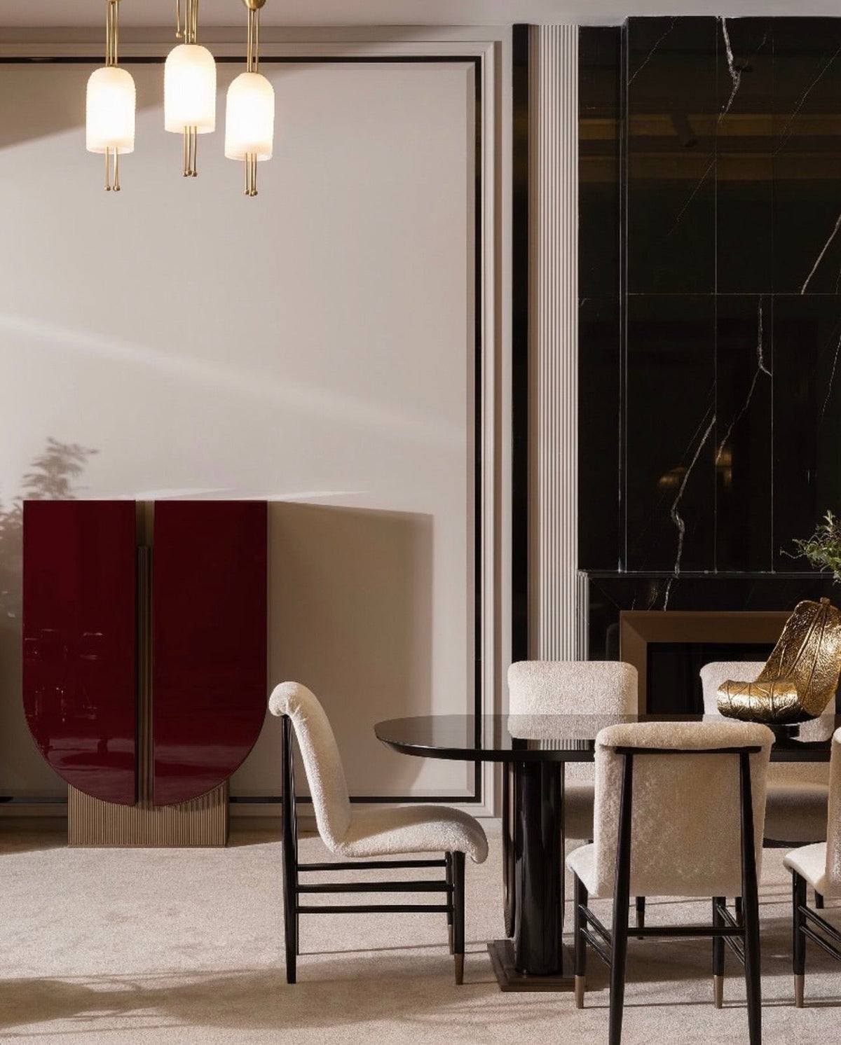 Apex luxury furniture collection with dark wood finishes, neutral seating, modern dining table, and high-end bedroom design.