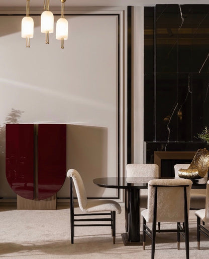 Apex luxury furniture collection with dark wood finishes, neutral seating, modern dining table, and high-end bedroom design.