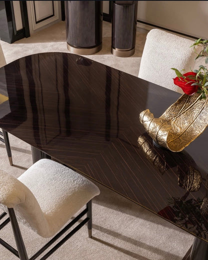 Apex luxury furniture collection with dark wood finishes, neutral seating, modern dining table, and high-end bedroom design.