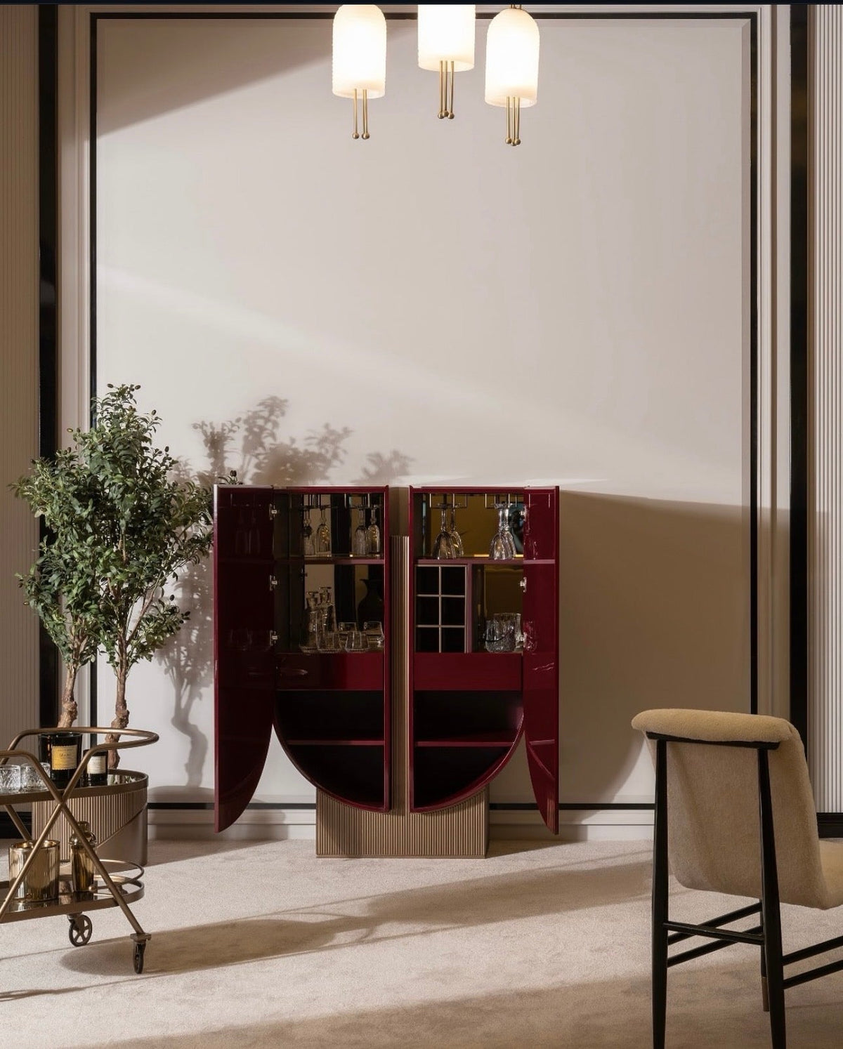Apex luxury furniture collection with dark wood finishes, neutral seating, modern dining table, and high-end bedroom design.