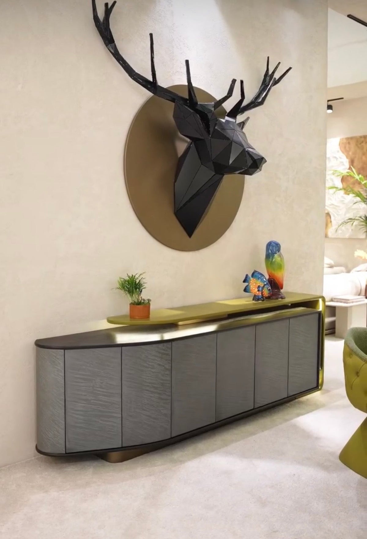 Honey modern luxury dining furniture collection with sculptural green dining table and tufted pedestal dining chairs.