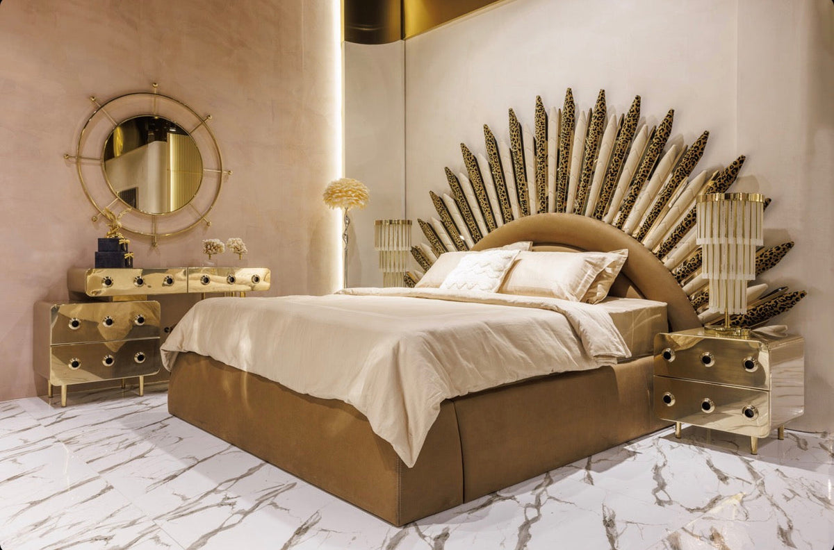 Ivory luxury furniture collection with gold sideboard, marble walls, white seating, and modern high-end living and dining design.
